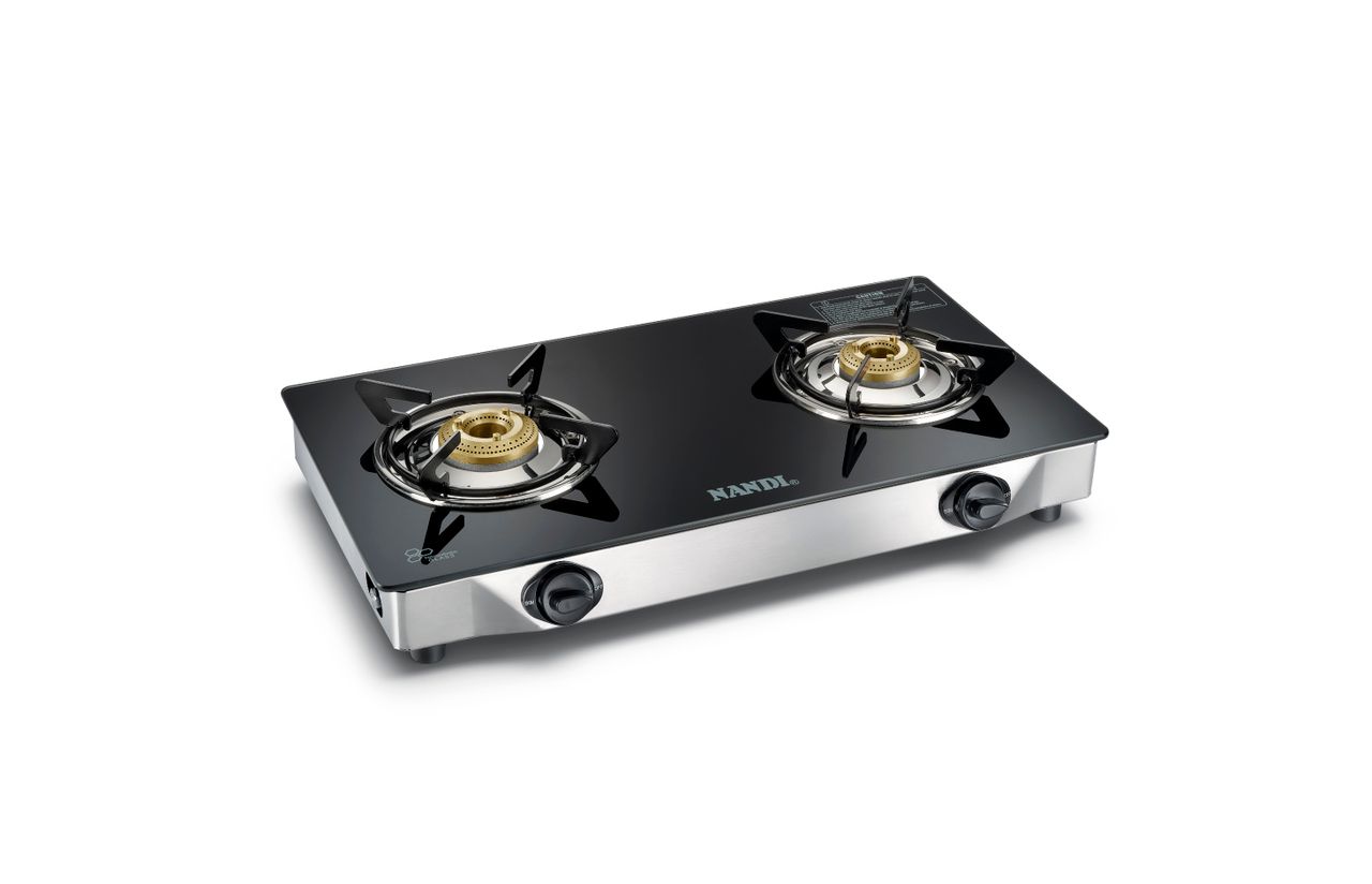 Stylish double burner gas stove with glass top, ideal for modern kitchens.